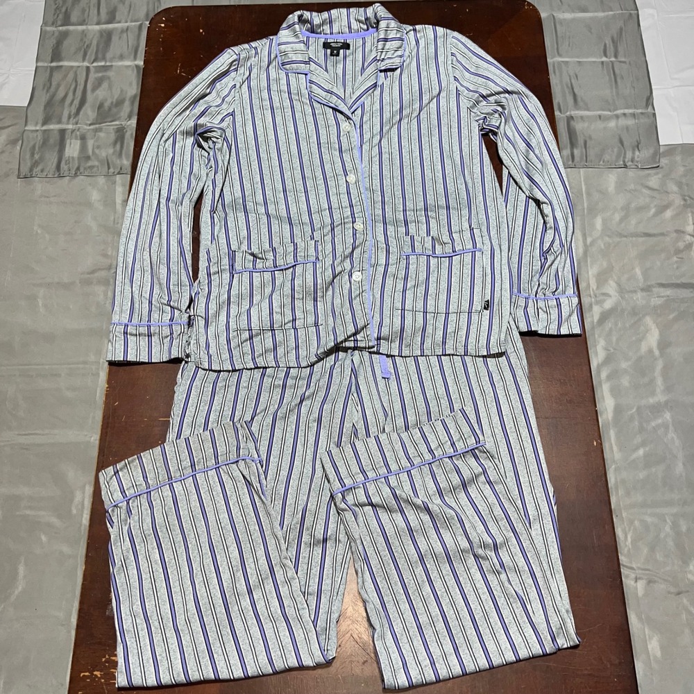 Simply Vera Wang Pajama Set Womens Medium‎ Grey Purple Stripe C395938 Long Slv